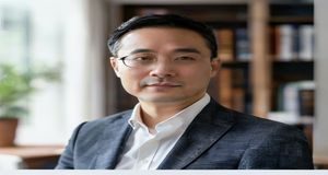 欧美日韩一区内容总监林文博，专业形象照，书房背景，沉稳气质